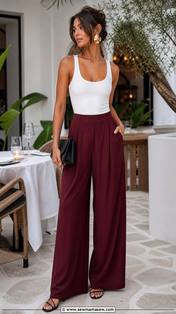 Burgundy Wide Leg Pants With Fitted Tank - 30 Summer outfits in burgundy