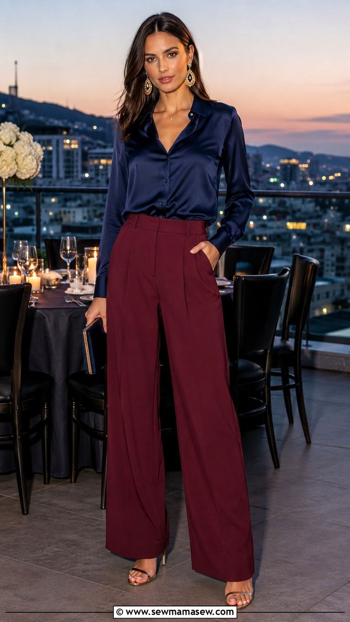 Burgundy Wide Leg Trousers with Navy Silk Blouse - 25 Navy and burgundy outfit ideas