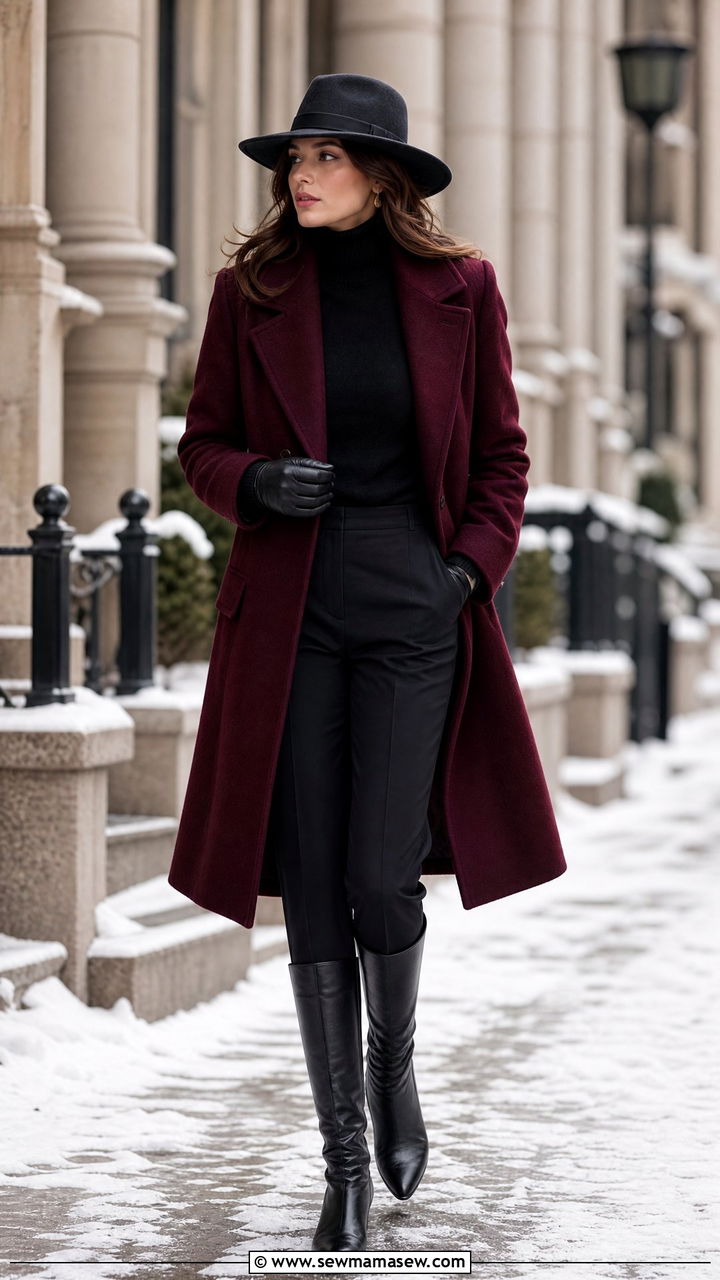 Burgundy Wool Coat With Black Trousers And Wide Brim Fedora - 25 Old money outfit ideas with wide brim hat