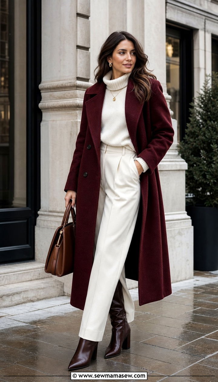 Burgundy Wool Coat and Neutral Layers - 25 elegant outfits inspo