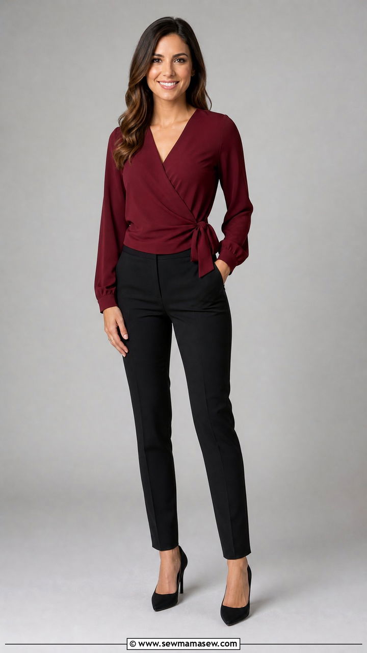 Burgundy Wrap Blouse and Black Pants - 30 Professional headshot outfit ideas for women