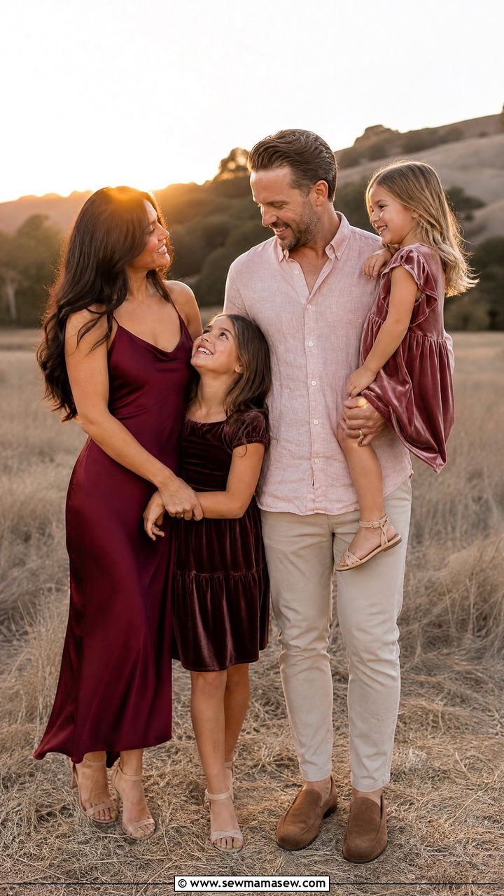 Burgundy and Blush for Sunset Family Pictures - 30 Family photoshoot outfit ideas