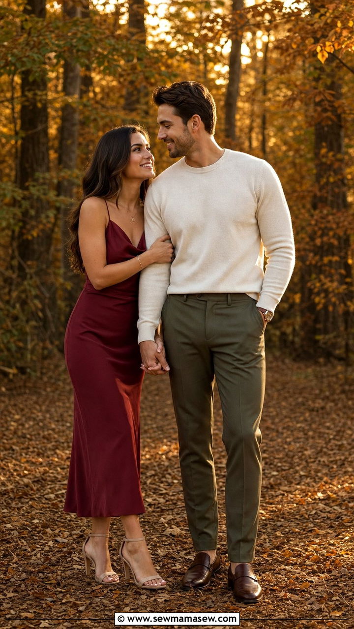 Burgundy and Olive Tonal Pairing - 25 Couples photo outfit ideas 2026