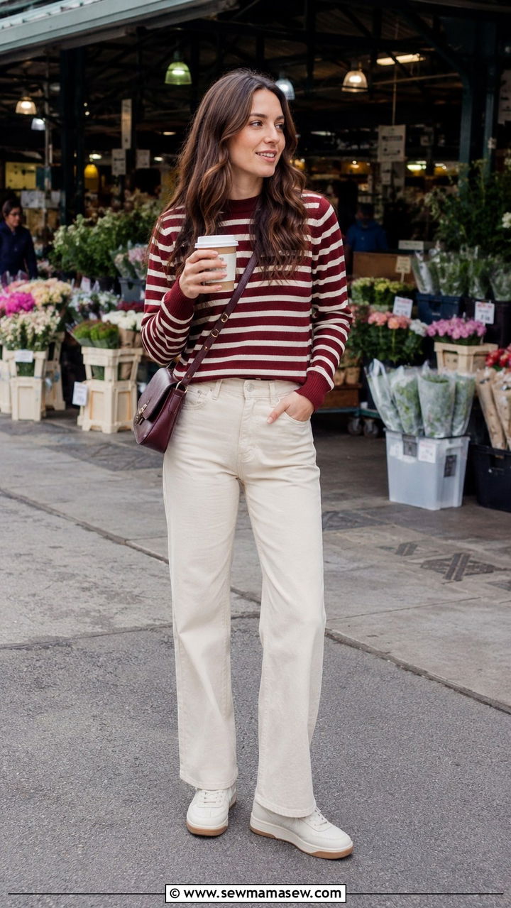 Burgundy and cream striped sweater with jeans outfit - 30 Burgundy and cream outfit ideas