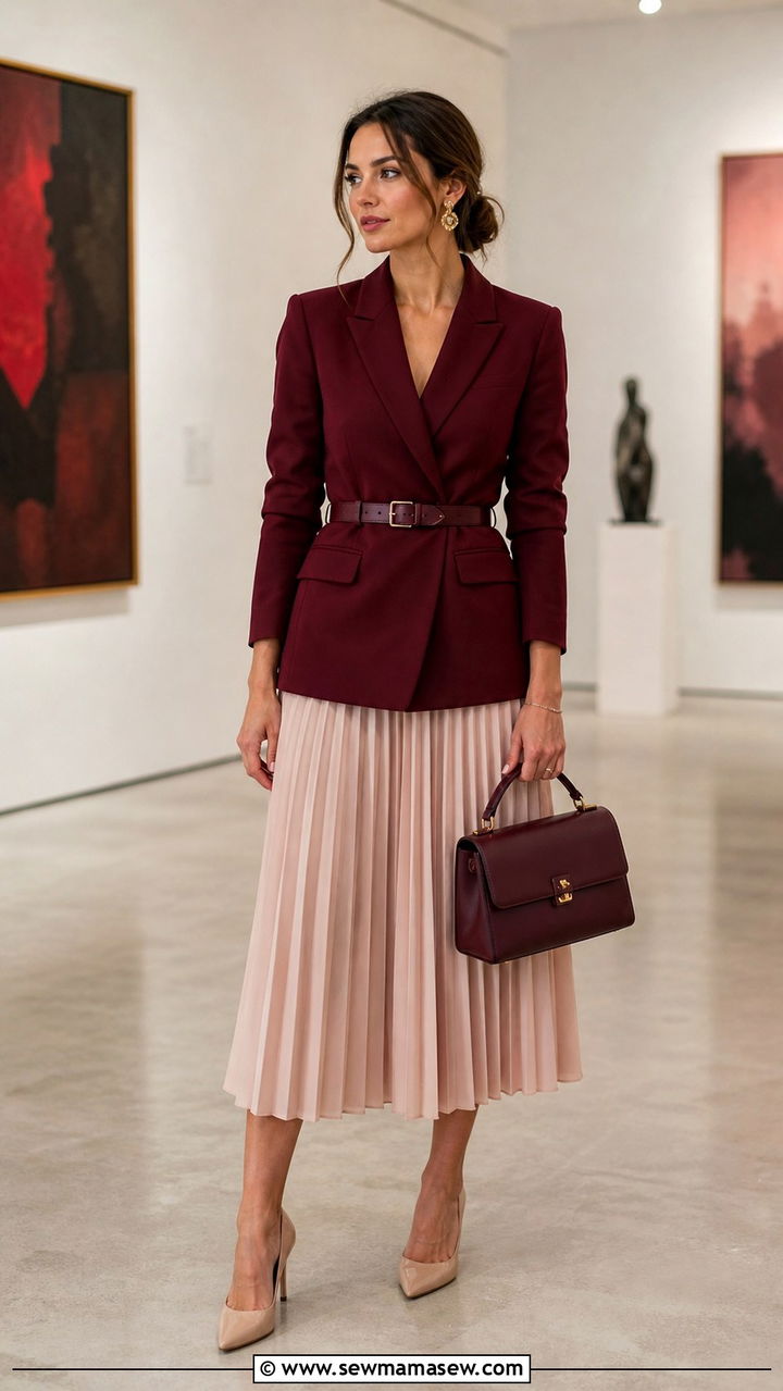 Burgundy belted blazer with a blush midi skirt - 40 Chic work outfit ideas