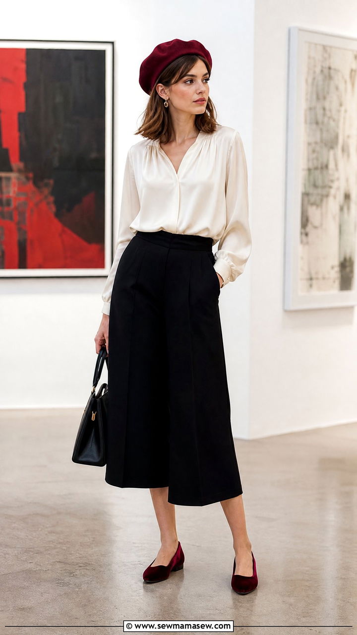 Burgundy beret with a cream blouse and culottes - 35 Beret outfit ideas