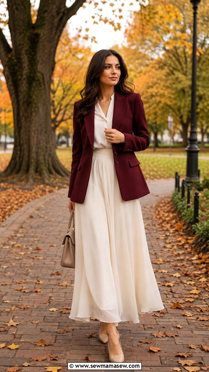 Burgundy blazer and cream maxi skirt outfit - 30 Maxi skirt outfit ideas with a blazer