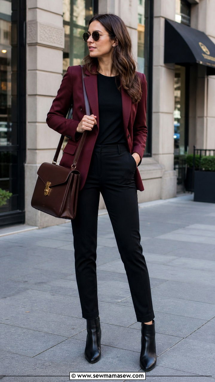 Burgundy blazer with black slim trousers - 40 Business trip outfit ideas