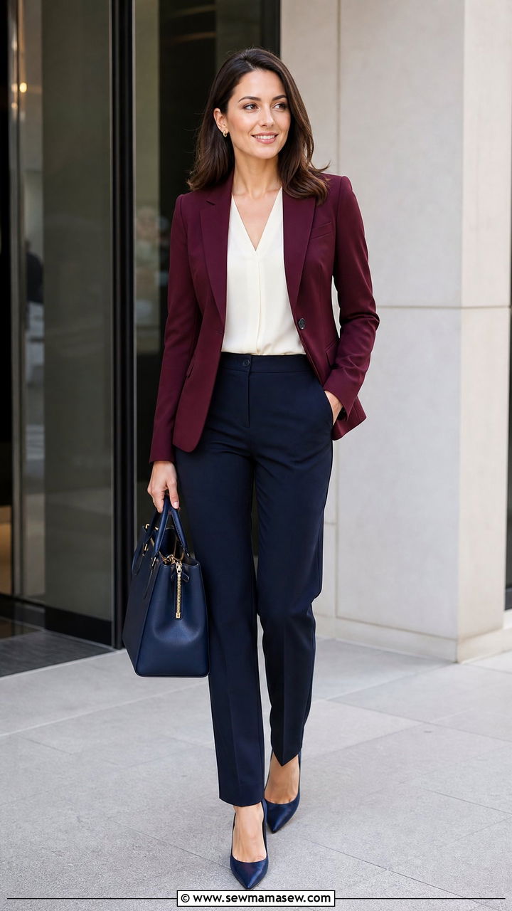Burgundy blazer with navy trousers - 35 Job interview outfits for women