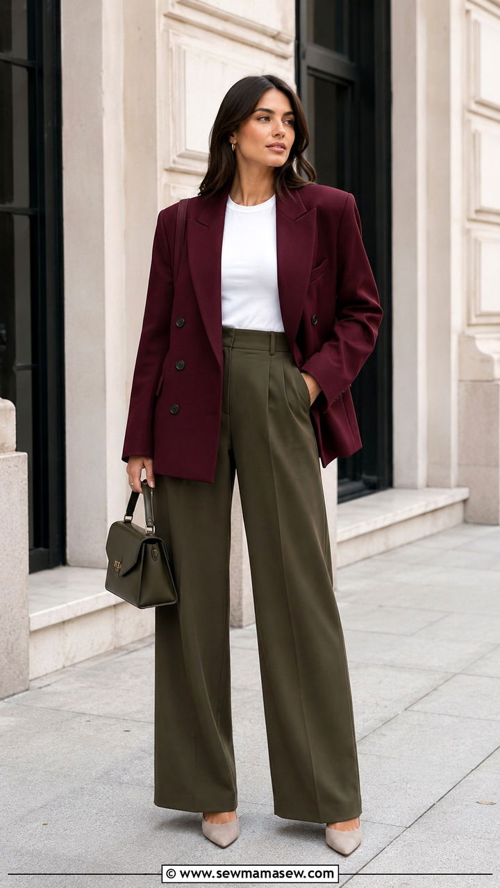 Burgundy blazer with olive wide leg pants outfit - 25 Olive and burgundy outfit ideas