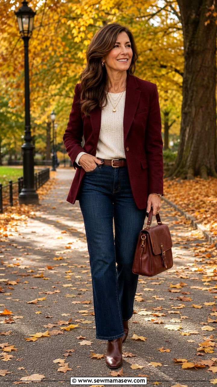 Burgundy blazer with straight leg jeans - 20 How to style a blazer over 60