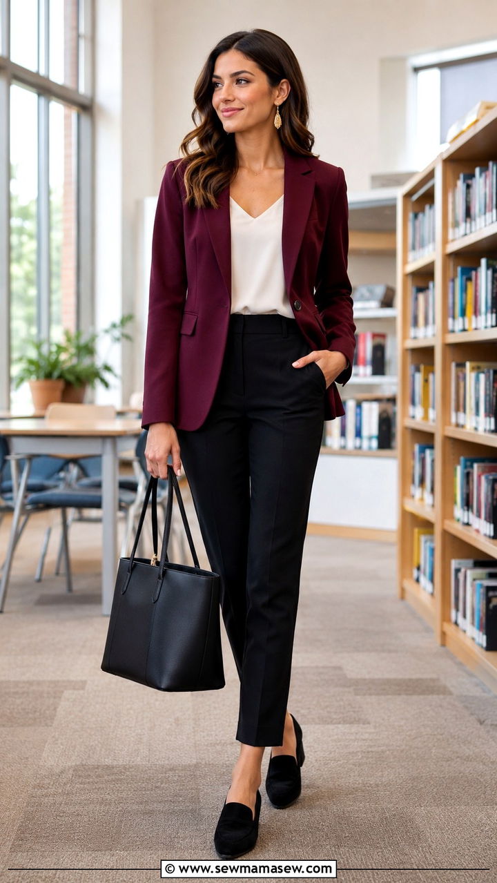 Burgundy blazer with tailored trousers outfit - 30 Interview outfit ideas for teachers
