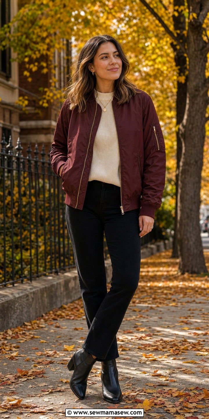 Burgundy bomber jacket outfit - 35 Bomber jacket outfit ideas