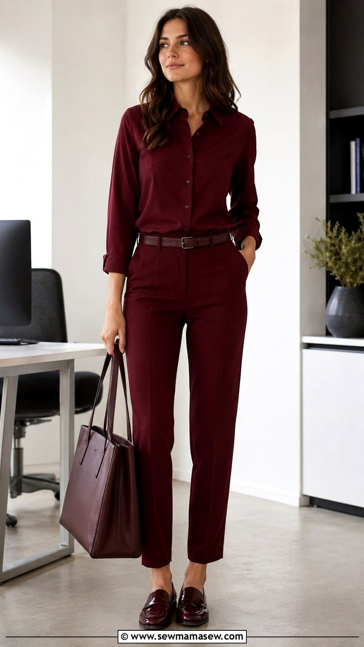 Burgundy button down shirt and tailored trousers - 30 Monochromatic burgundy outfits