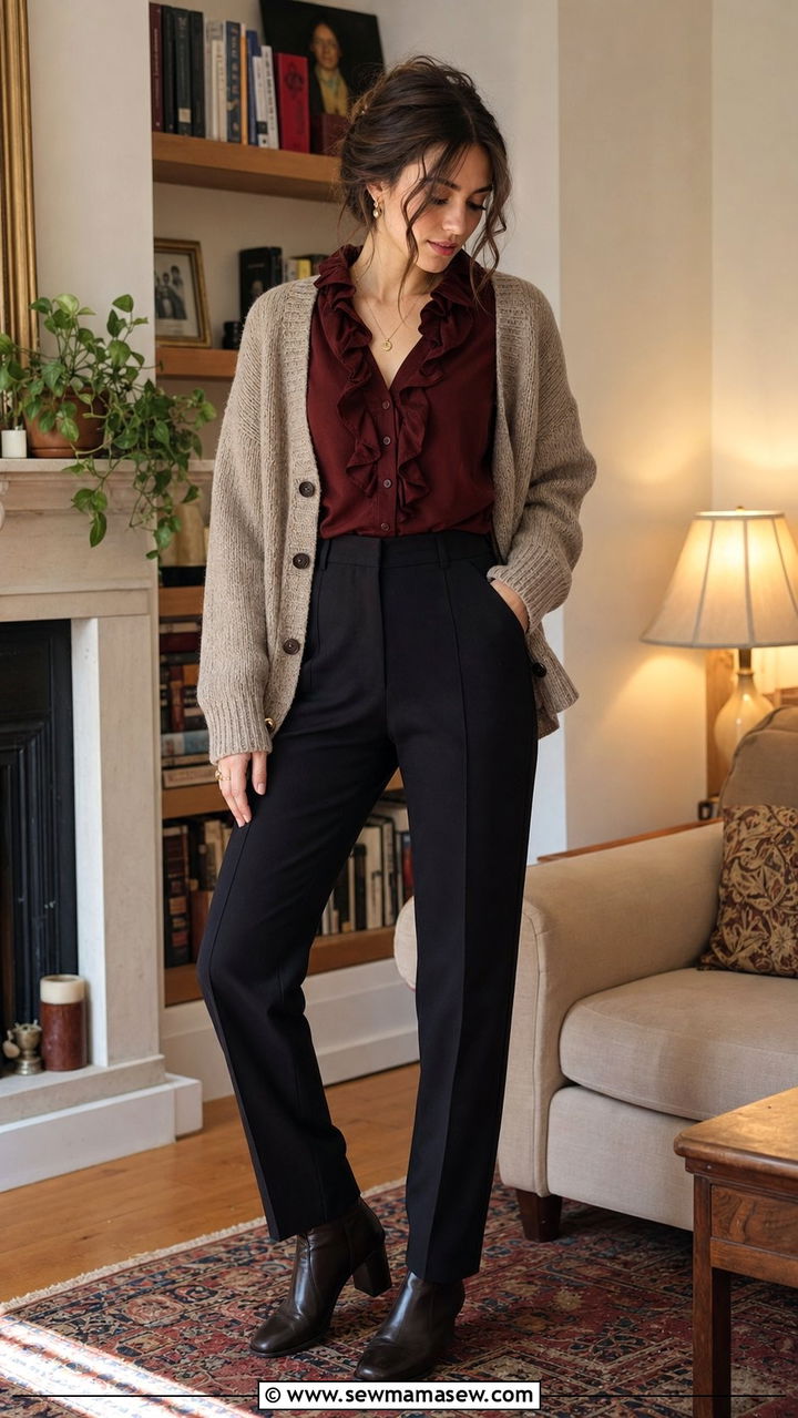 Burgundy button up with tailored trousers and chunky cardigan - 25 dark academia outfits inspo