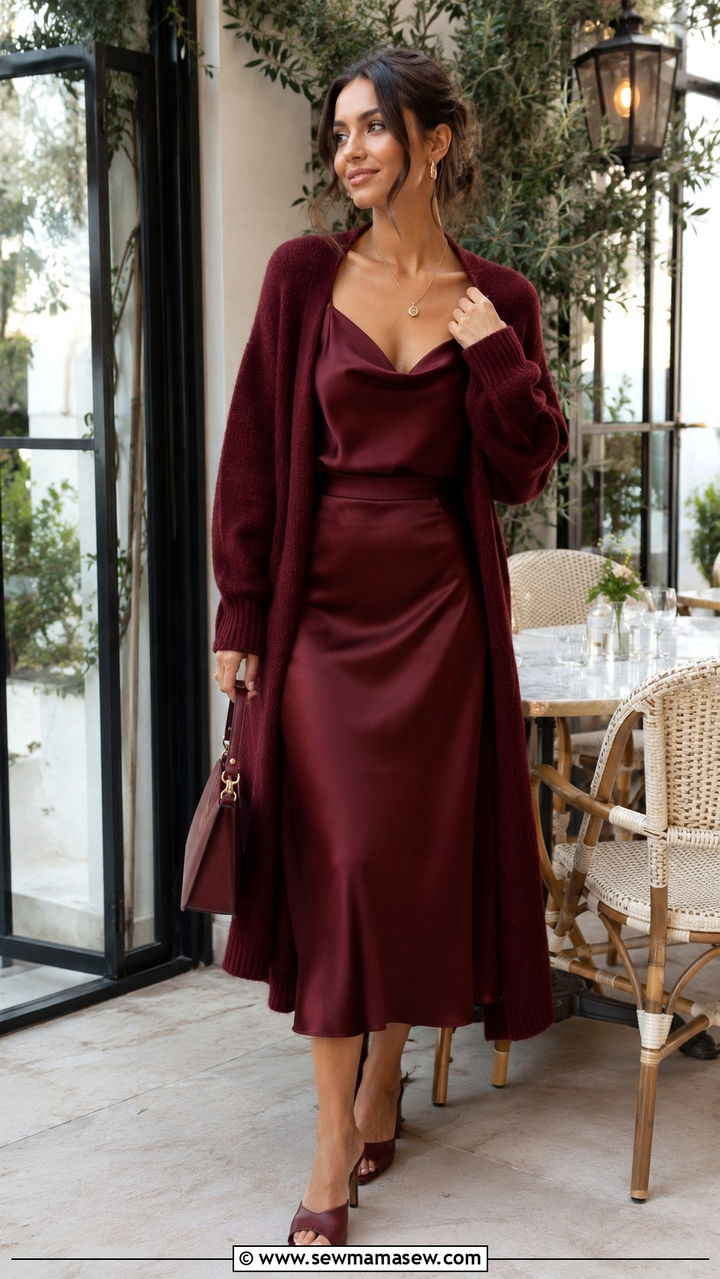 Burgundy cardigan and satin midi skirt - 30 Monochromatic burgundy outfits