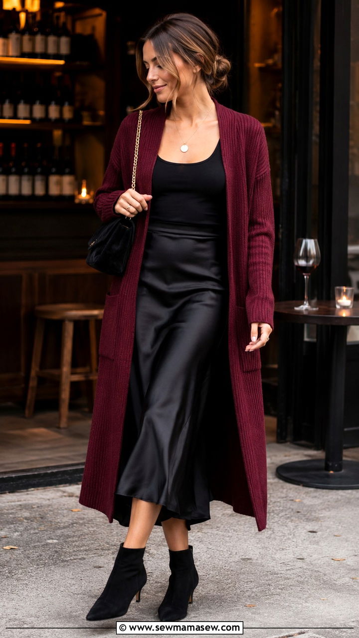 Burgundy cardigan over satin skirt - 30 classy outfits inspo