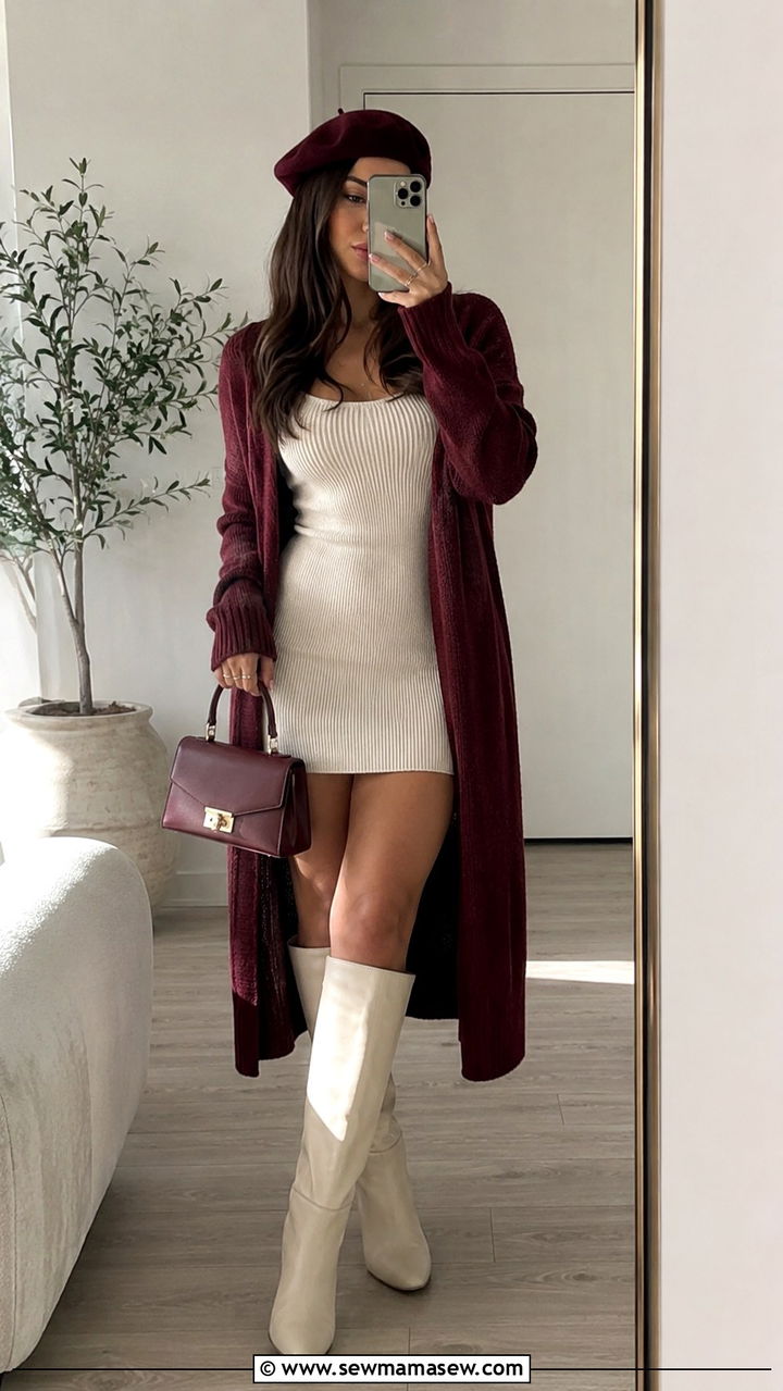 Burgundy cardigan with cream mini dress outfit - 30 Burgundy and cream outfit ideas