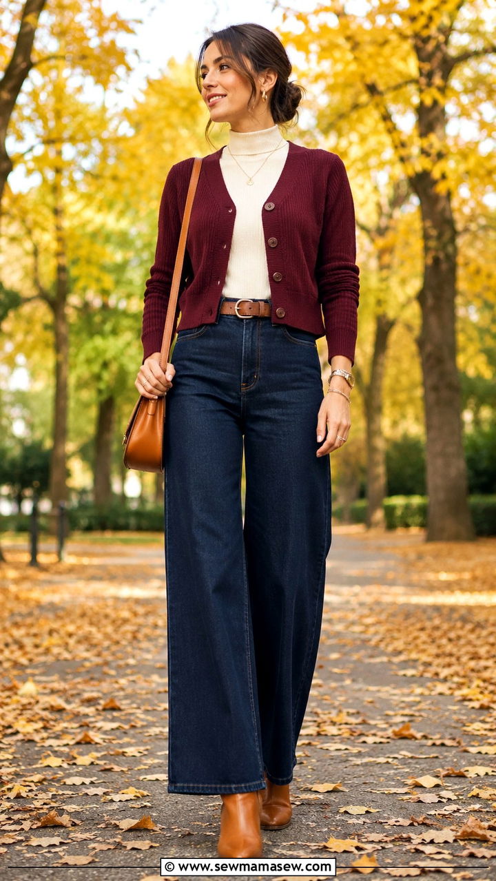 Burgundy cardigan with high waisted wide leg jeans - 30 High waisted jeans outfit ideas with a cardigan