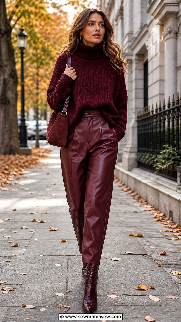 Burgundy chunky knit and burgundy leather trousers outfit - 40 Monochromatic outfit ideas