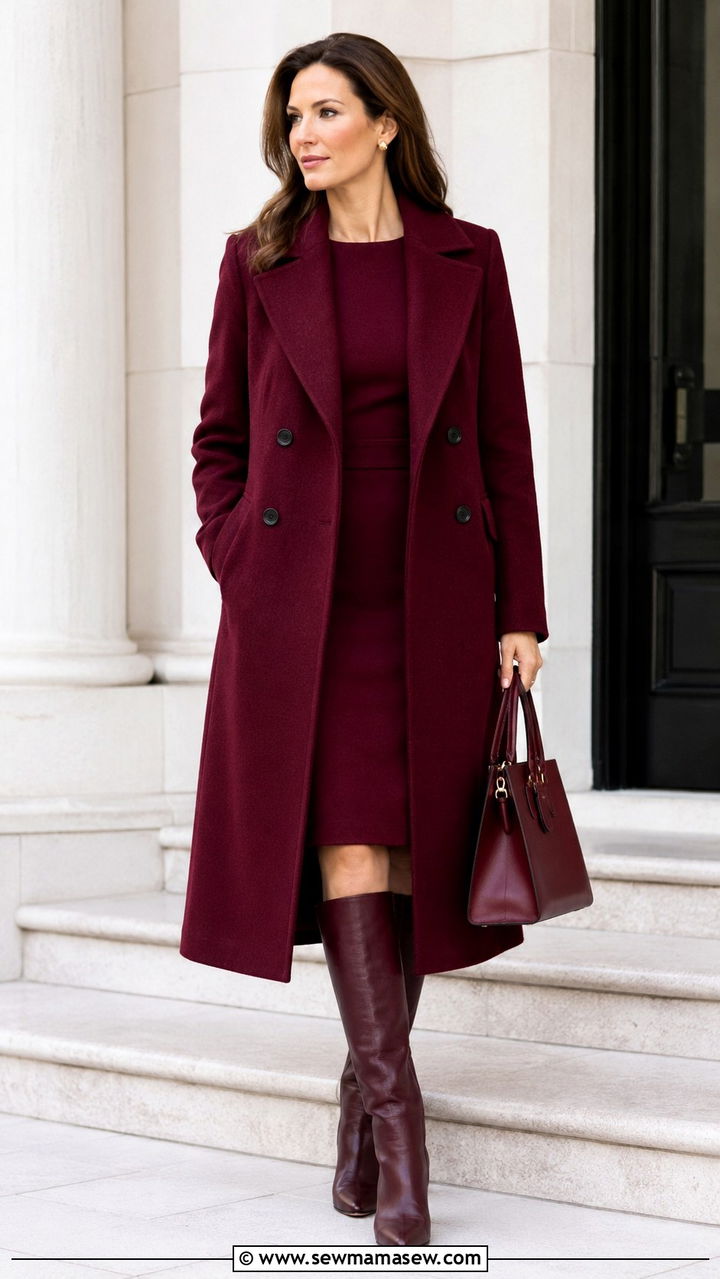 Burgundy coat and matching dress - 30 Monochromatic burgundy outfits