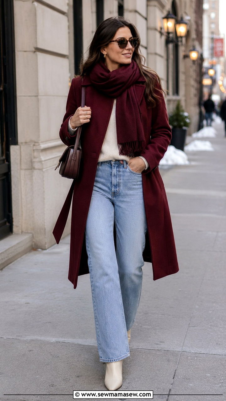 Burgundy coat with cream sweater and jeans outfit - 30 Burgundy and cream outfit ideas