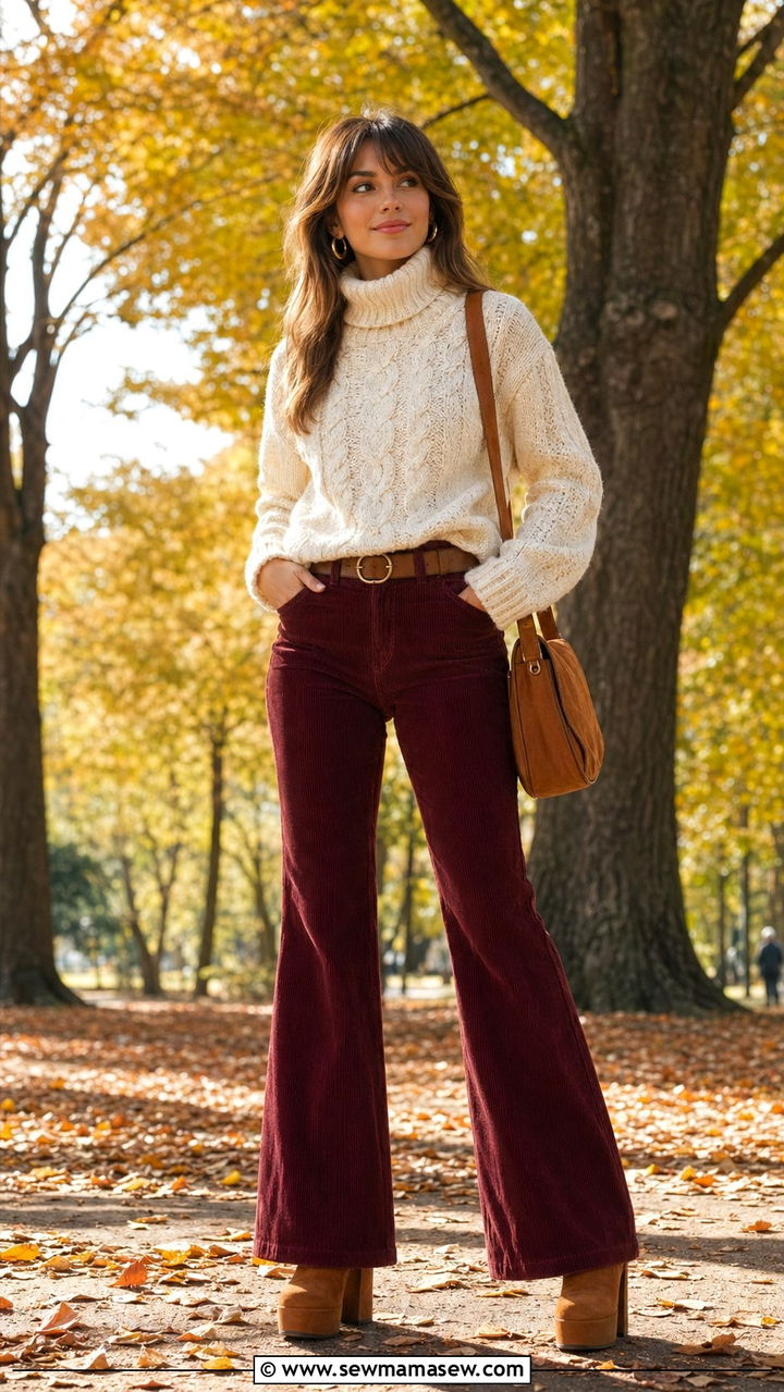 Burgundy corduroy flares with cream turtleneck outfit - 35 70s inspired outfits