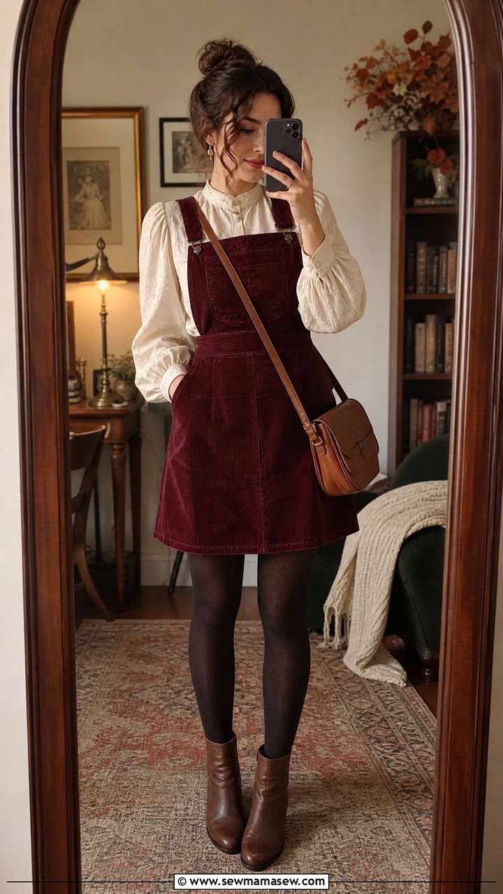 Burgundy corduroy pinafore dress outfit - 30 dark academia outfits ideas