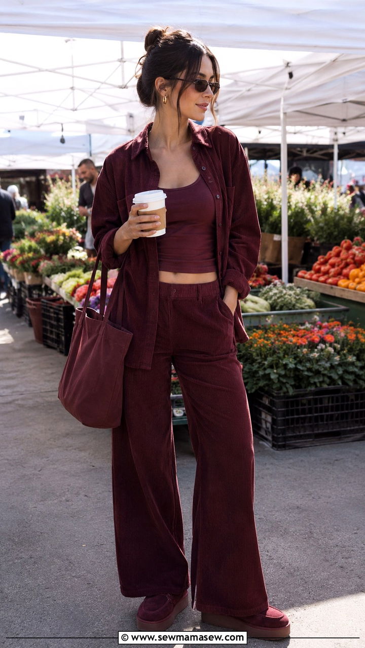 Burgundy corduroy shirt and wide leg pants - 30 Monochromatic burgundy outfits