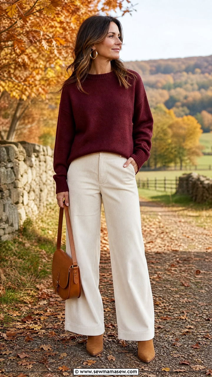 Burgundy crewneck sweater with ecru wide leg cords - 30 Elevated casual outfit ideas for women over 40