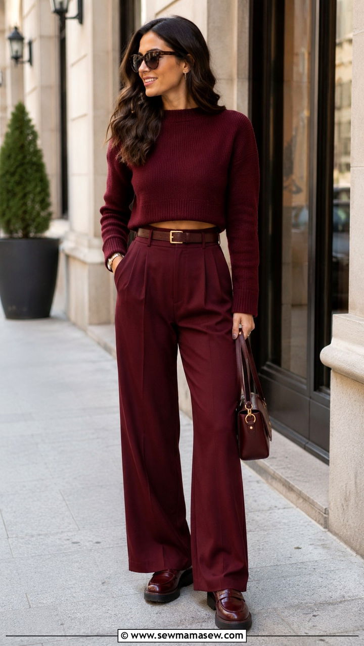 Burgundy cropped sweater and high waist trousers - 30 Monochromatic burgundy outfits