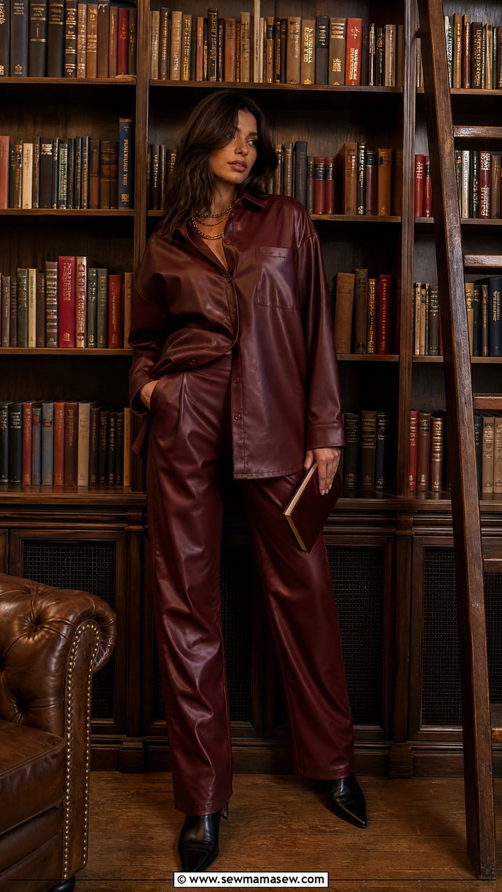 Burgundy faux leather coord set - 30 Coord set outfit ideas for photoshoot