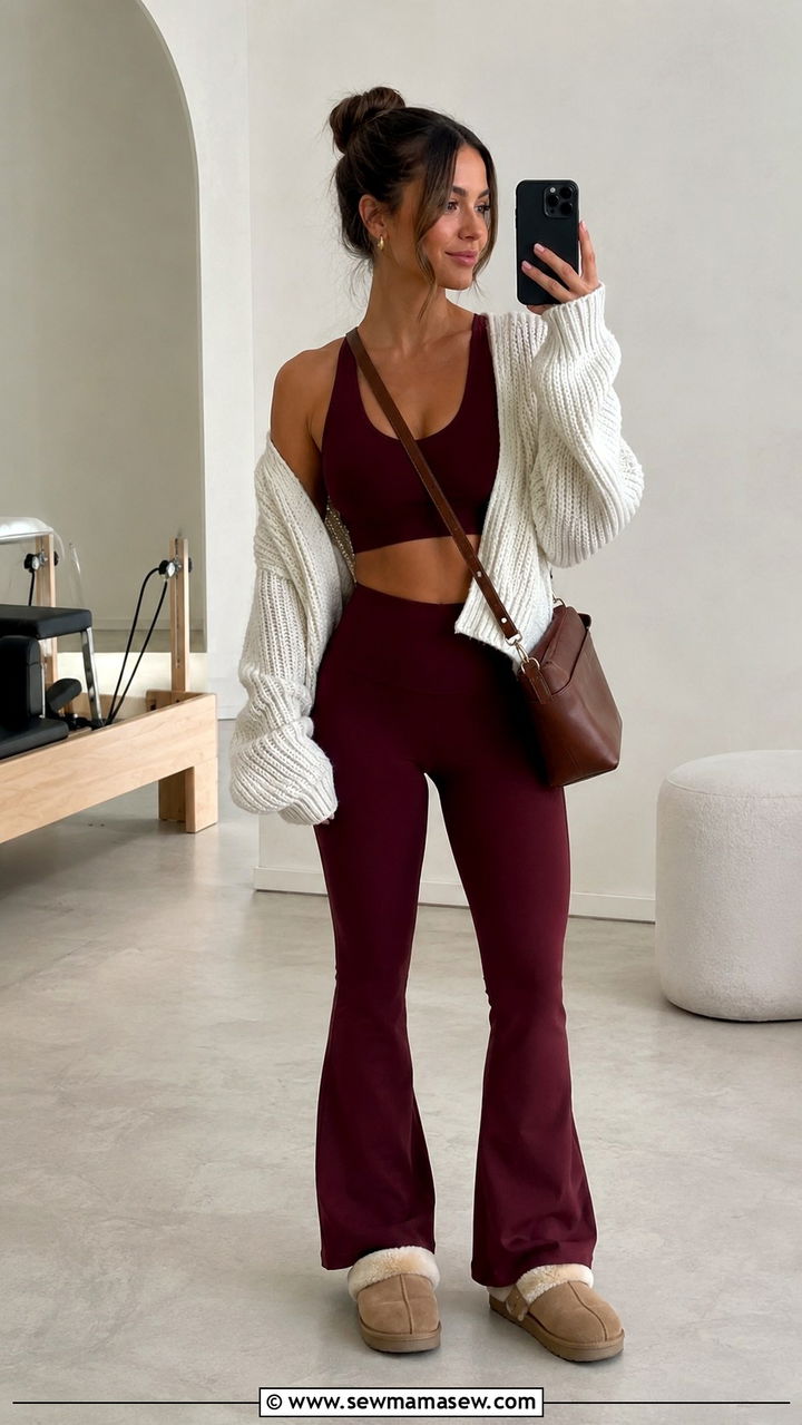 Burgundy flared leggings Pilates outfit with a cream knit - 25 Pilates outfit ideas with flared leggings