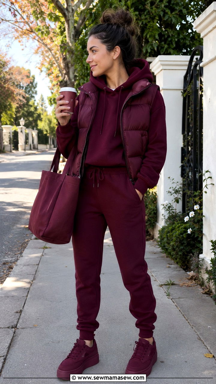 Burgundy hoodie and jogger outfit - 30 Monochromatic burgundy outfits