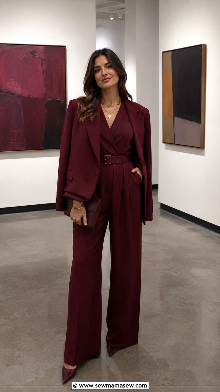 Burgundy jumpsuit with blazer - 30 Monochromatic burgundy outfits