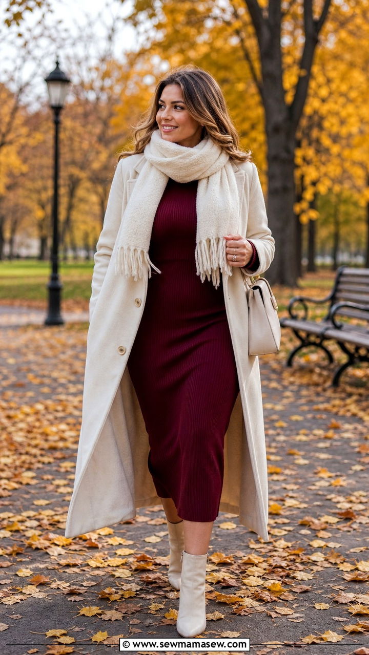 Burgundy knit dress and cream scarf outfit - 30 Burgundy and cream outfit ideas