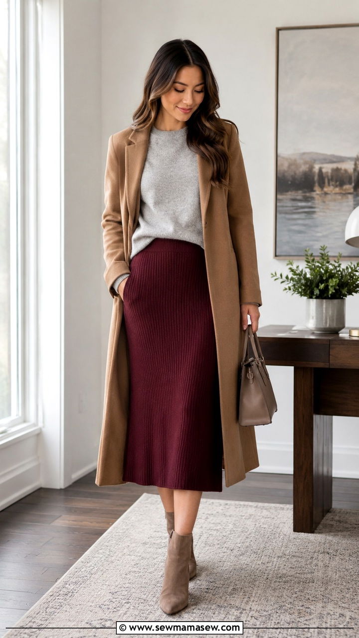 Burgundy knit midi skirt with a light grey cashmere sweater and taupe suede booties - 25 Petite work outfit ideas with skirt