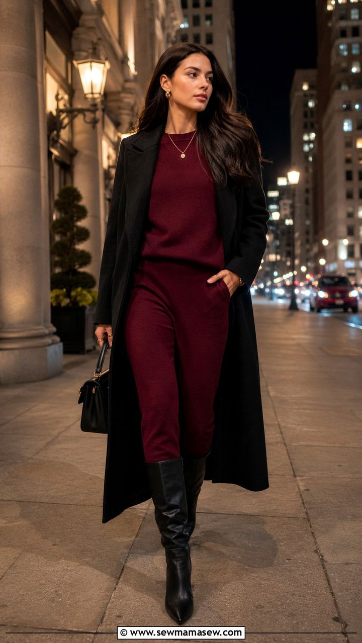 Burgundy knit sweater and matching pants outfit - 30 Sweater and pants matching set outfit ideas