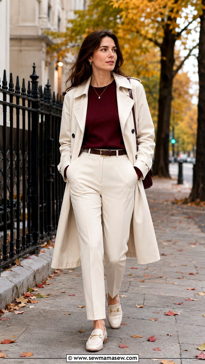 Burgundy knit sweater with cream tailored trousers outfit - 30 Burgundy and cream outfit ideas