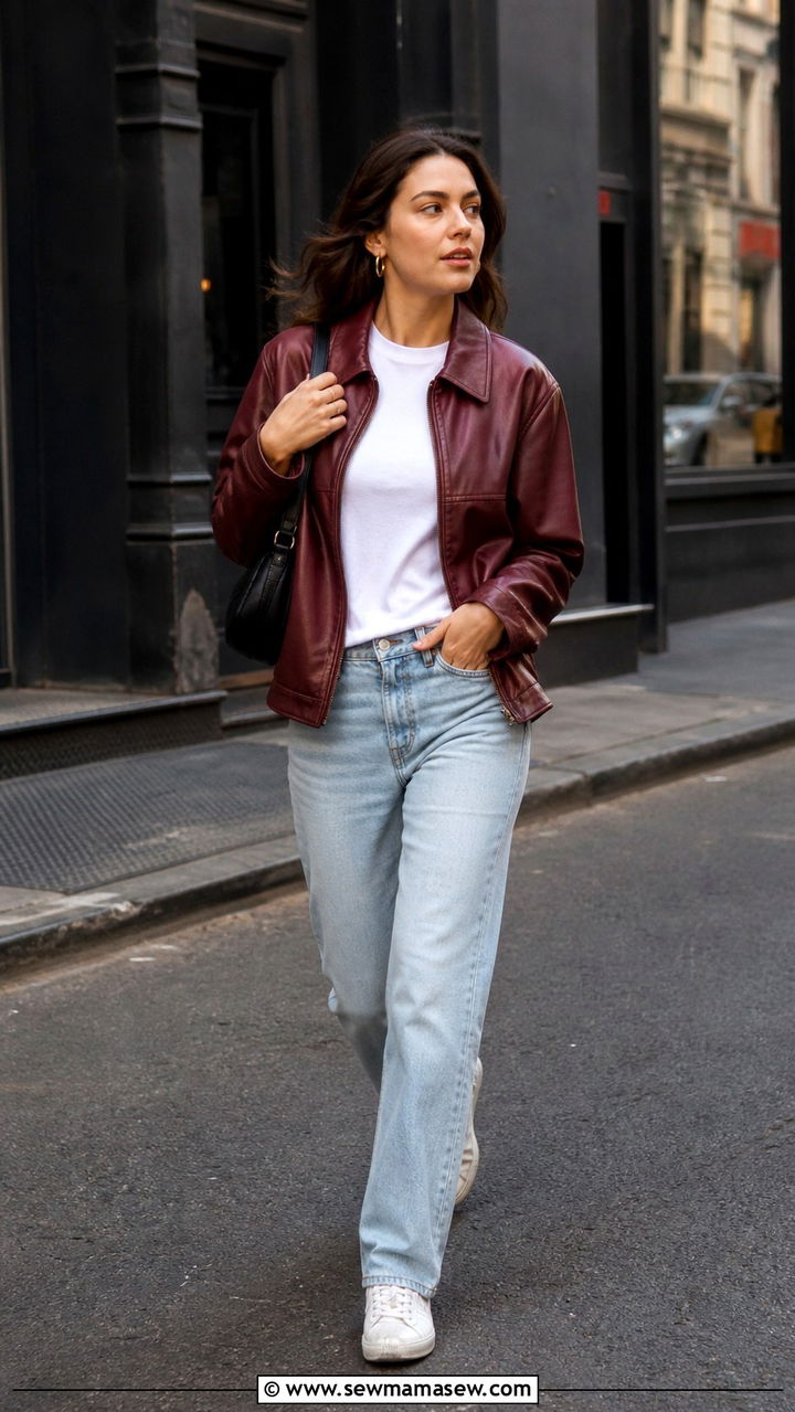 Burgundy leather jacket and light wash jeans outfit - 40 Spring style ideas