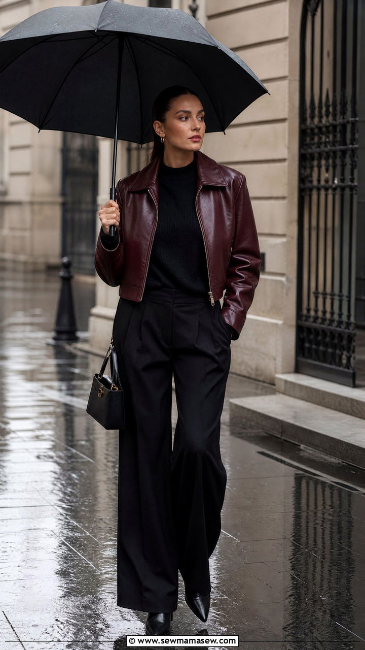 Burgundy leather jacket outfit - 25 spring rainy day outfit ideas