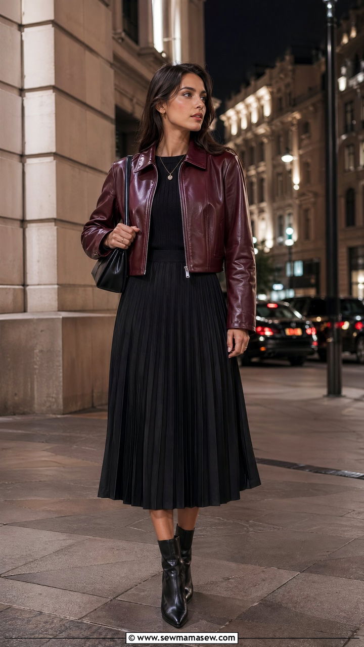 Burgundy leather jacket with a black midi skirt - 35 elegant outfits for women