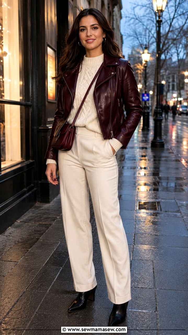 Burgundy leather jacket with cream knit outfit - 30 Burgundy and cream outfit ideas