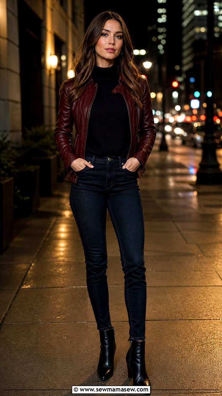 Burgundy leather jacket with dark denim - 40 leather jacket outfit ideas