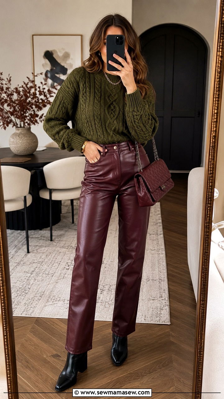 Burgundy leather pants with olive cable knit sweater outfit - 25 Olive and burgundy outfit ideas