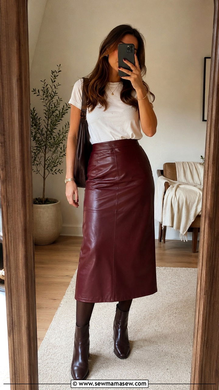 Burgundy leather skirt with white tee and ankle boots - 30 Leather skirt outfit ideas with a tee