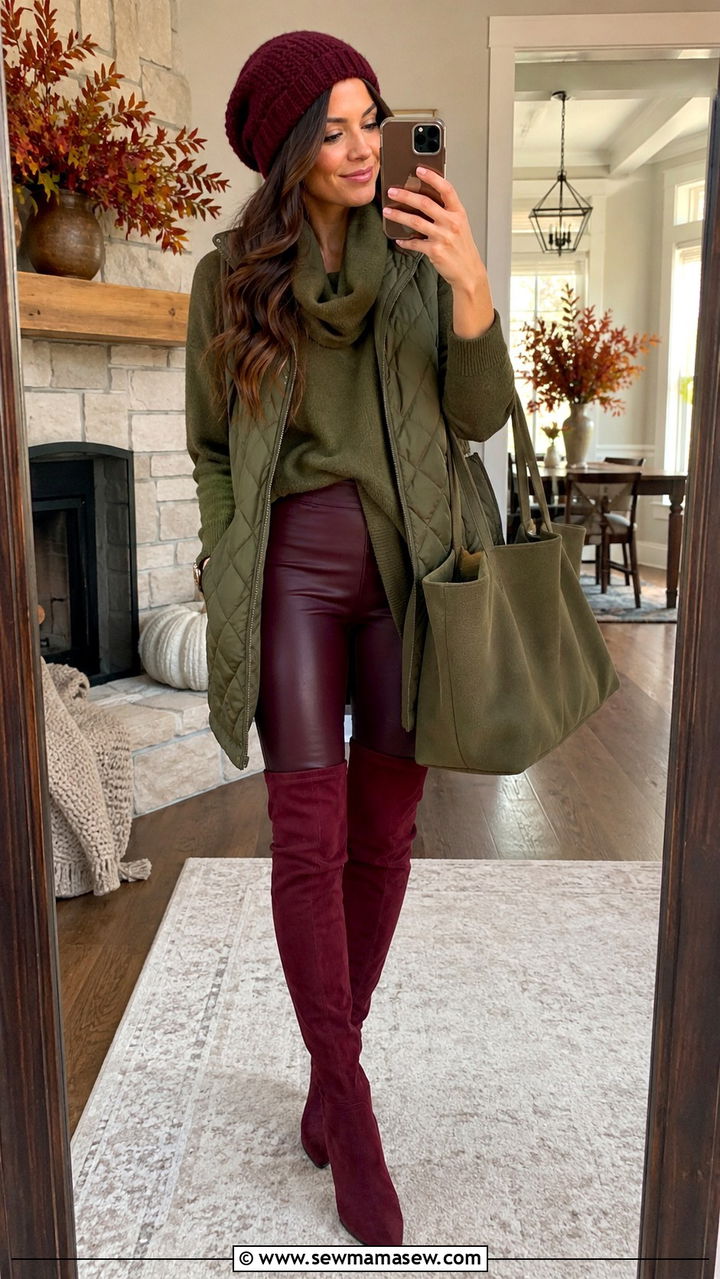 Burgundy leggings with olive oversized tunic sweater outfit - 25 Olive and burgundy outfit ideas