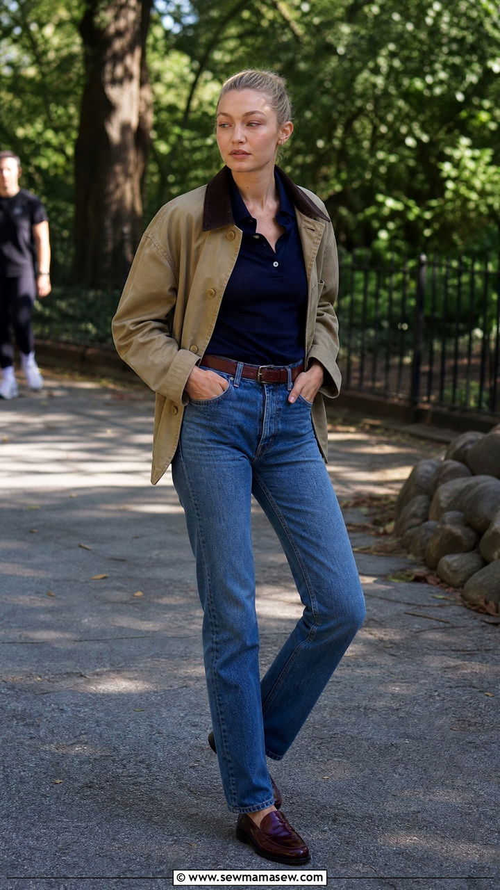 Burgundy loafers with straight leg jeans and a khaki barn jacket - 35 Gigi Hadid spring outfit ideas