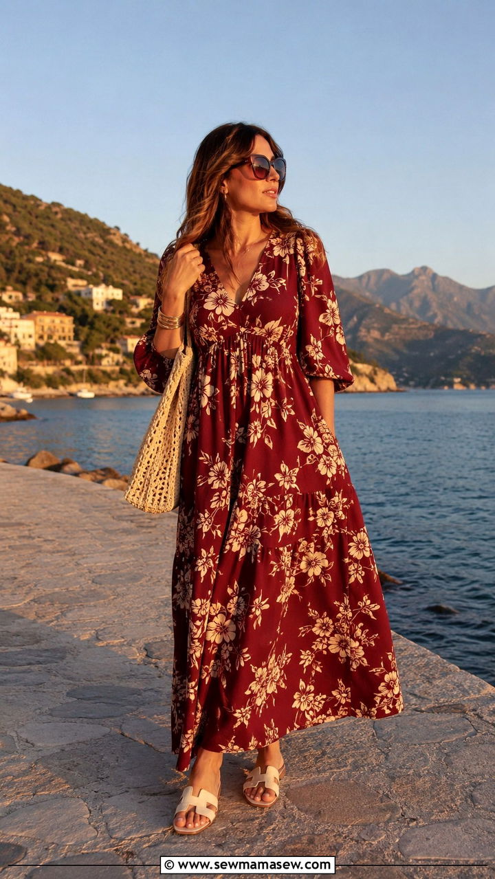 Burgundy maxi dress with cream sandals outfit - 30 Burgundy and cream outfit ideas