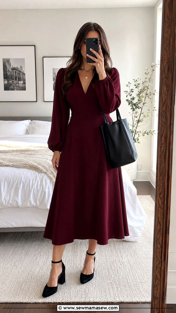 Burgundy midi dress PhD hooding ceremony outfit - 20 PhD hooding ceremony outfit ideas